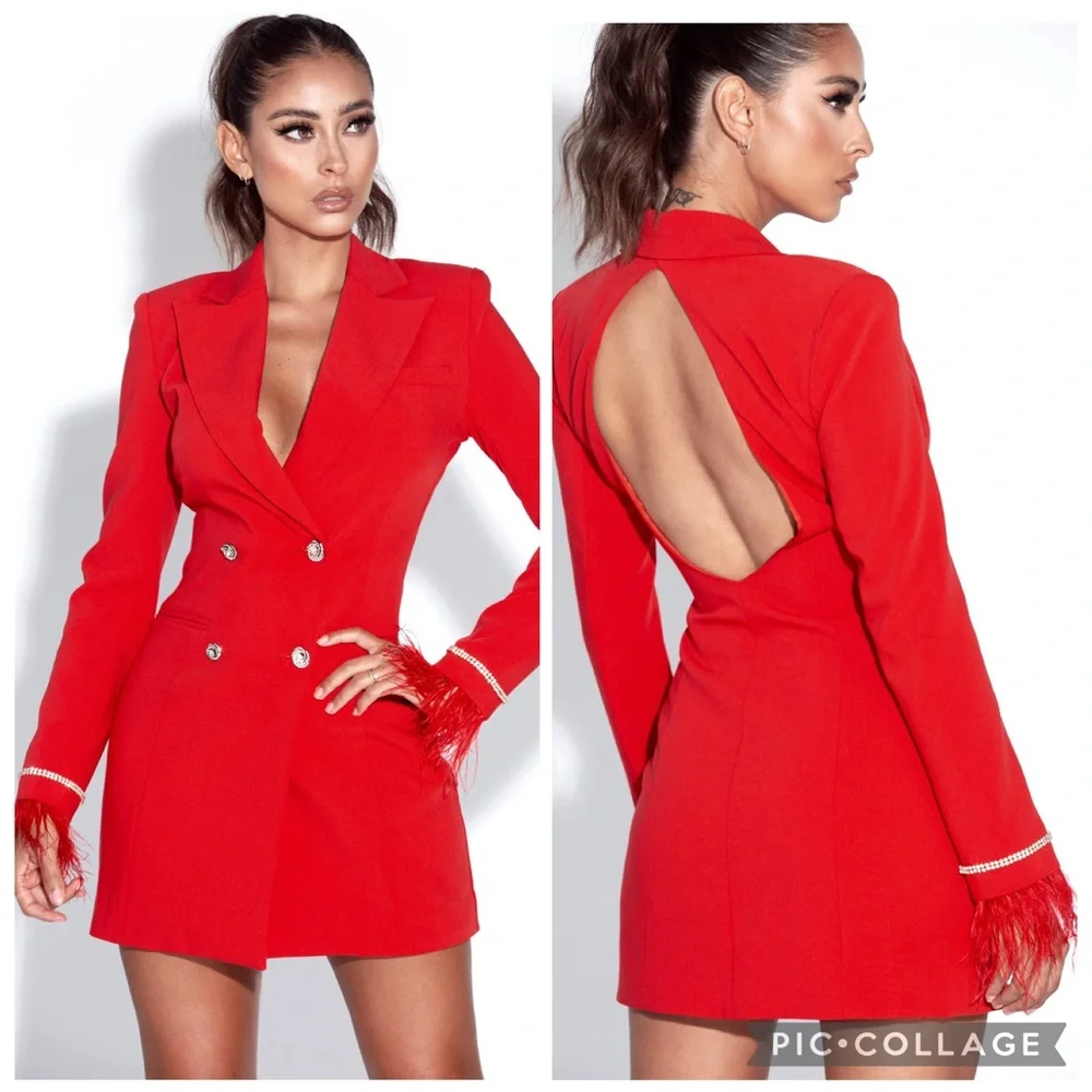 Miss Circle Quilla Red Backless Feather Crystal Sleeve Blazer Dress Size NWT - Picture 15 of 15
